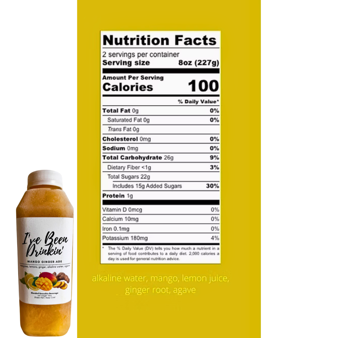 Nutrition facts label on a bottle of 'I've Been Drinkin'' with ingredients listed.