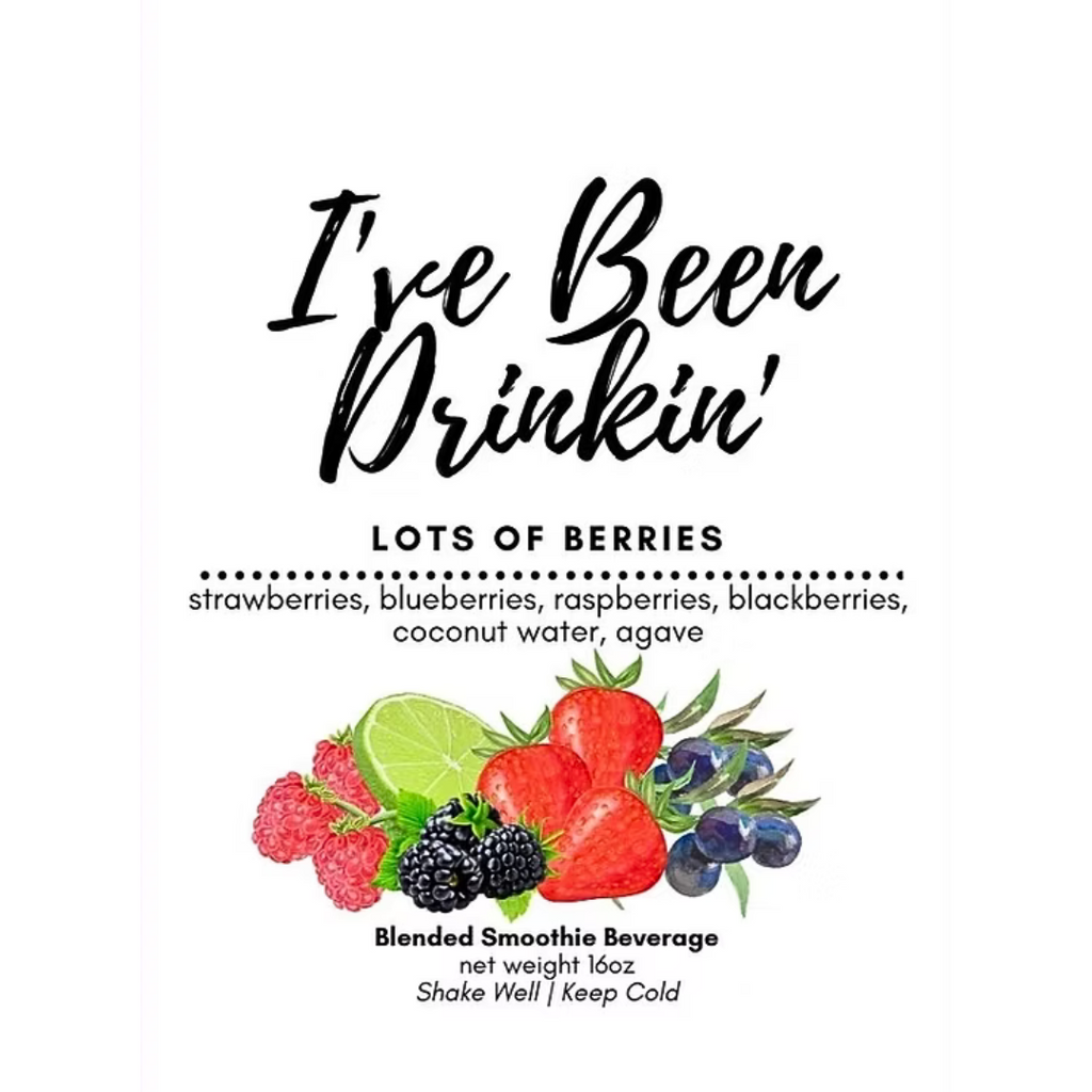 Blended smoothie beverage label with berries and text on a white background