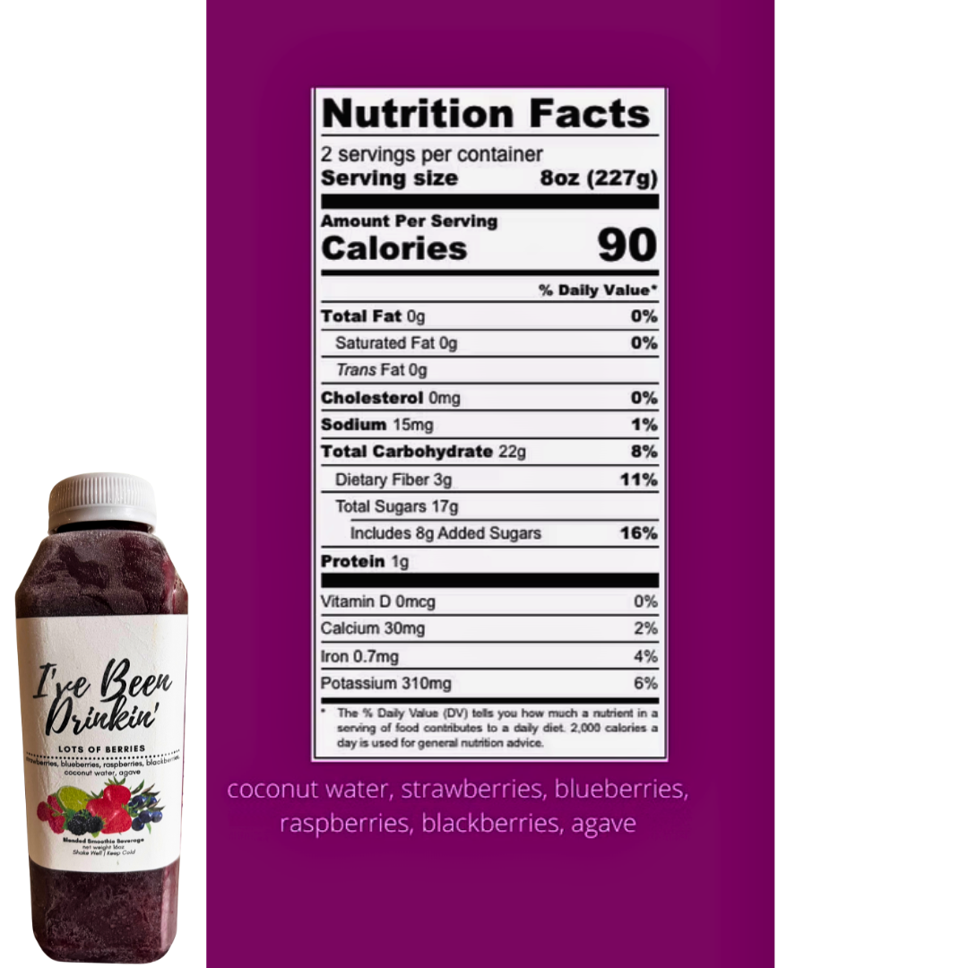 I've Been Drinkin' bottle with nutrition facts label on a purple background