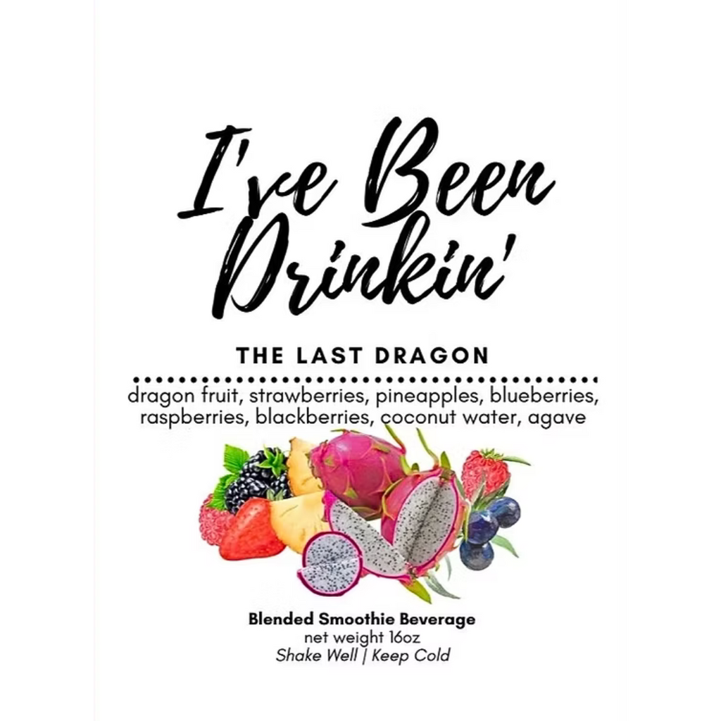 Blended smoothie beverage label with dragon fruit, strawberries, pineapples, blueberries, raspberries, blackberries, coconut water, and agave.