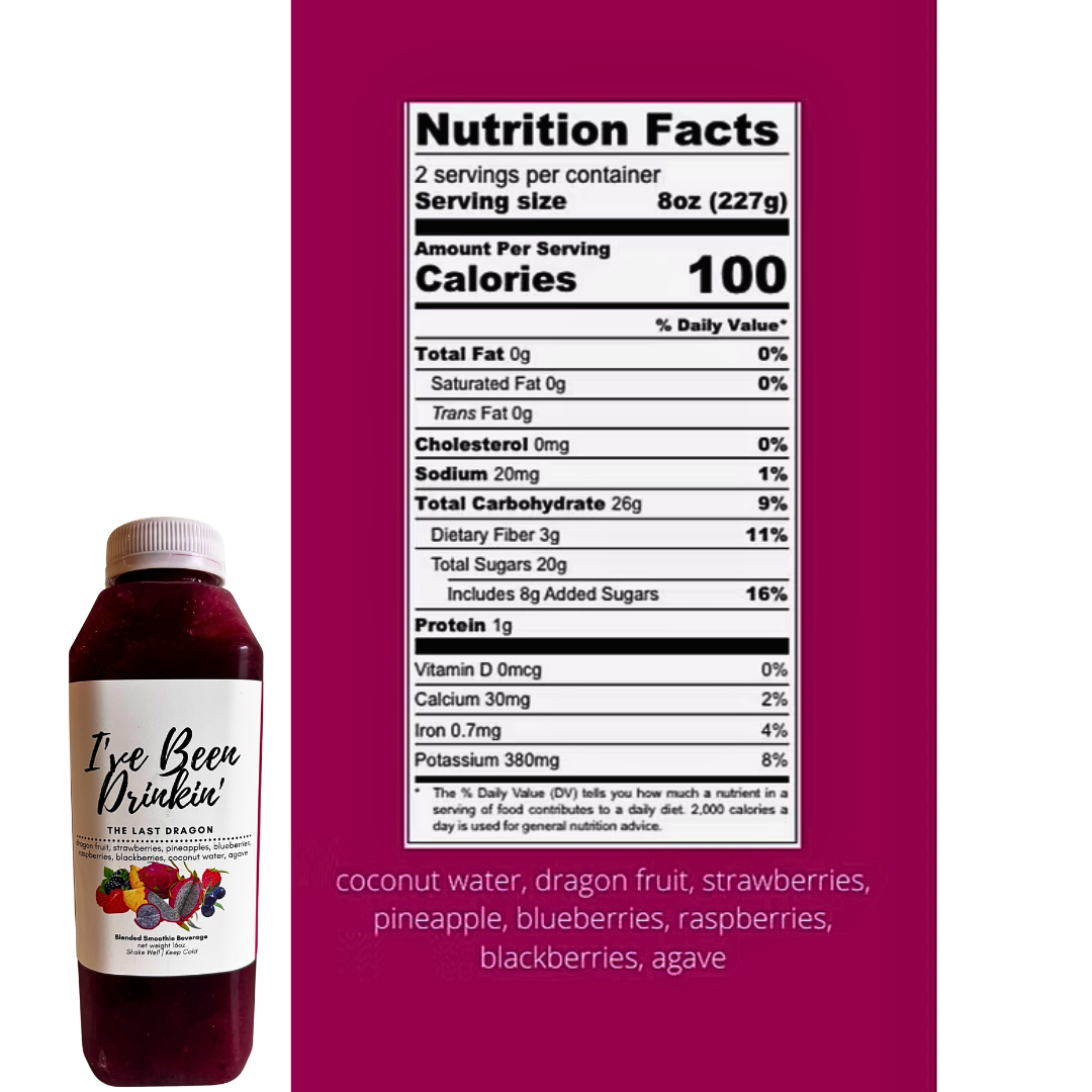 Nutrition facts label on a purple background with a bottle of 'I've Been Drinkin'' on the left.