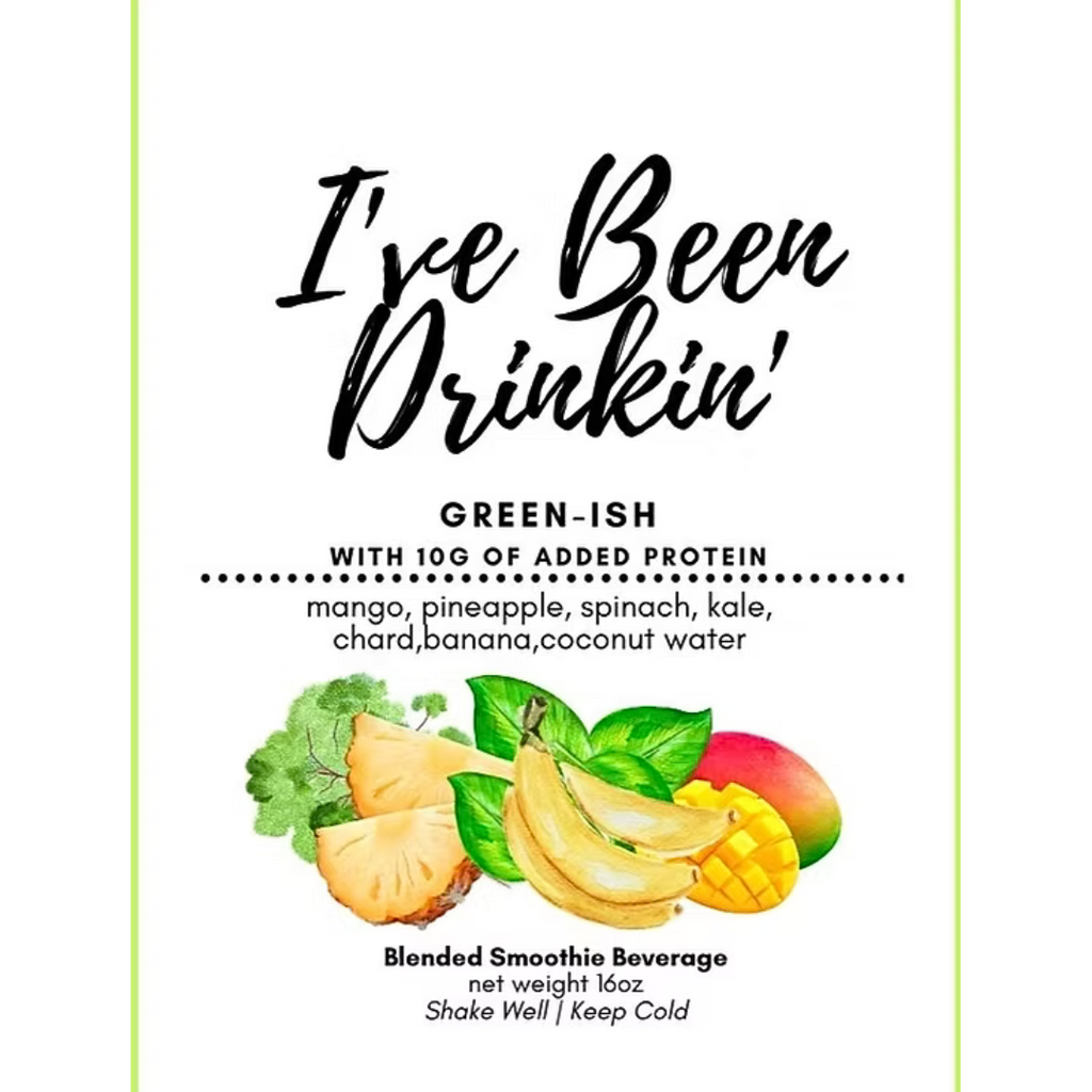 Blended smoothie beverage label with ingredients and branding on a white background